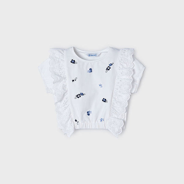 Mayoral T-Shirt Volants bestickt Mädchen 3088 074 weiss-blau