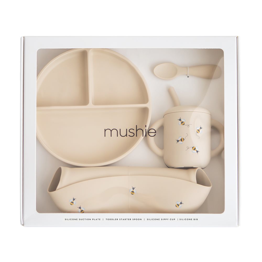 Mushie_Geschirrset_Gescchenkset_SiliconeFeedingToddlerSet_Bees