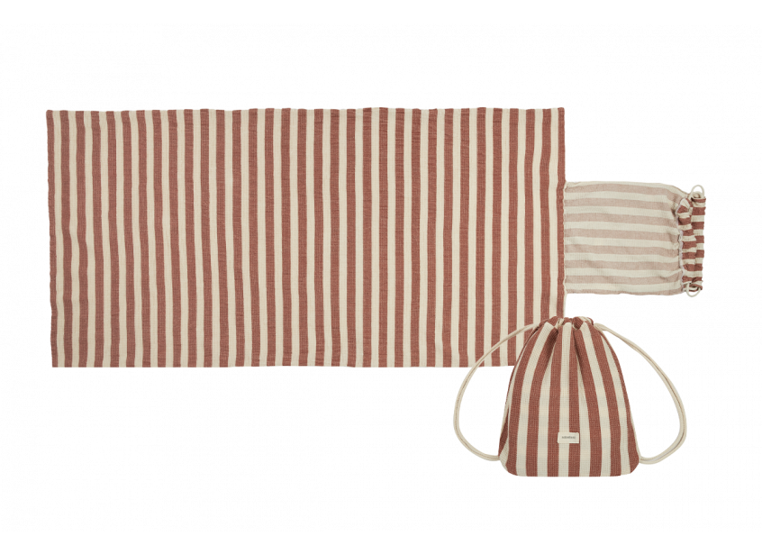 Nobodinoz - Sac à Serviette de Plage 2-1-Set Portofino 68 x 140 cm Rayures Rouge Rouille