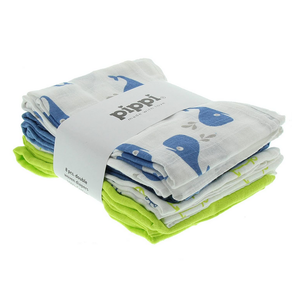 PIPPI - Mullnappies Nuscheli Pack of 8 Cotton Whale White Blue Blue Green