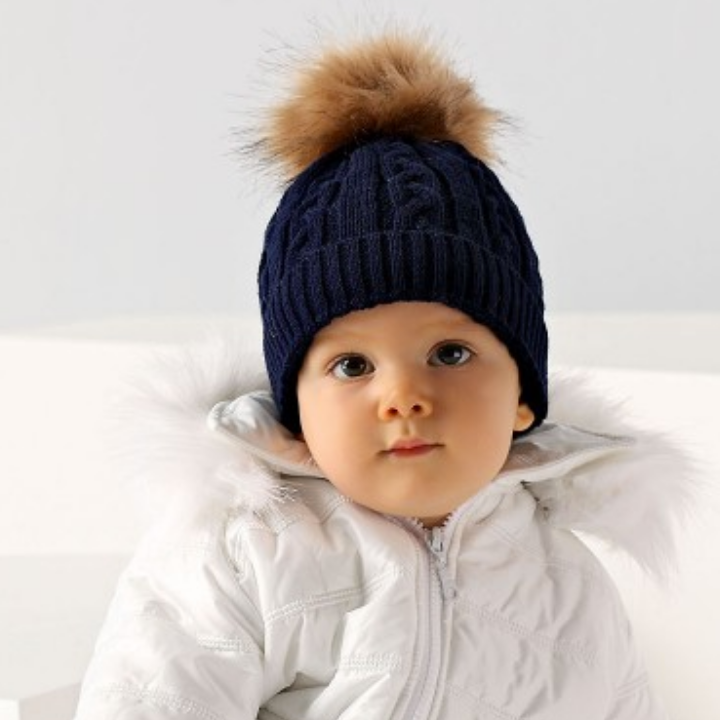 Mütze mit Kunstfell Pompom navy