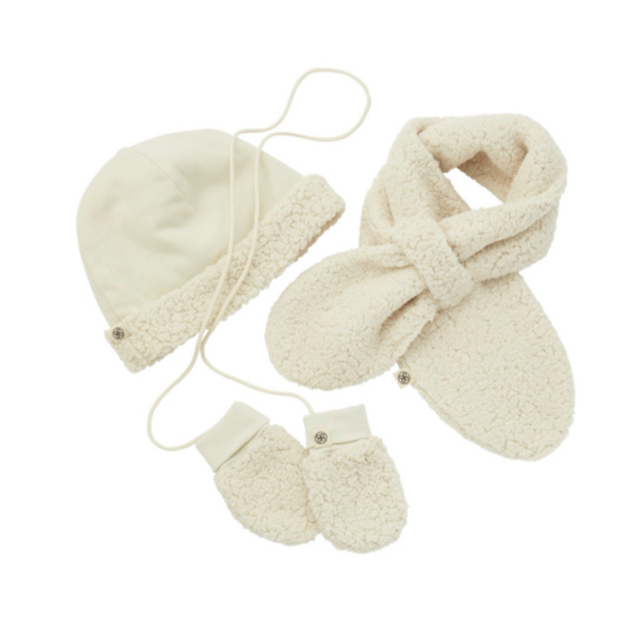 CLOBY - Set Teddy, Guanti Sciarpa Cappello Bianco Sporco